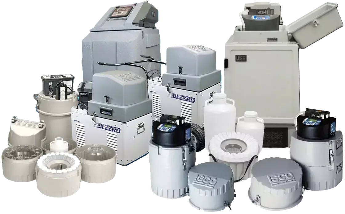 Selection of Teledyne ISCO automatic water samplers, including portable, refrigerated, and all-weather sampling systems.